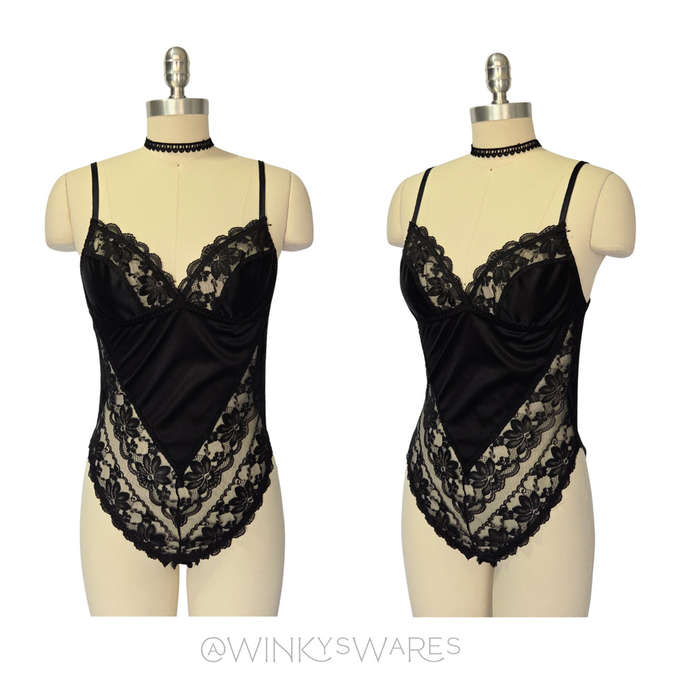 Vintage Black Lace Teddy Bodysuit Size 34 S Dolores Poirette Pin Up Retro